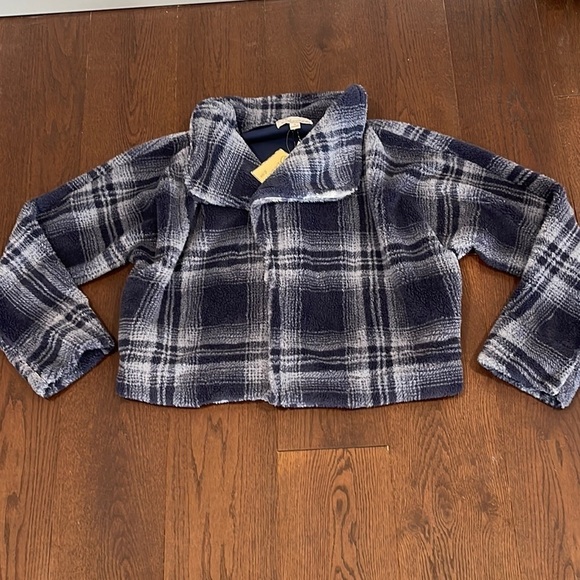 NWT VINTAGE Havana Blue Plaid Furry Jacket Junior Medium - Picture 1 of 6